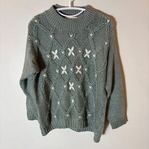 Vintage Huntington Ridge Hand Knit Ramie Sweater Sage Green Floral Embroidered M
